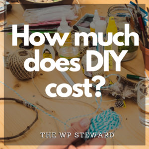 The words How Much Does DIY Cost? superimposed over an image of a crafting table with string, glue, etc.